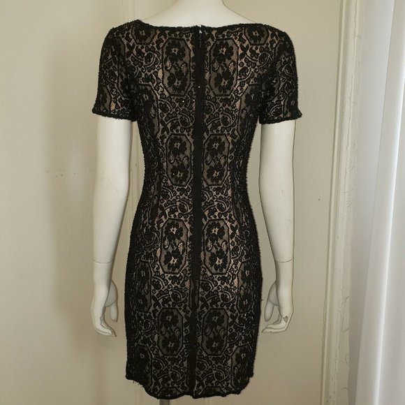 OLEG CASSINI BLACK TIE Size 4 Black & Beige LACE SEQUIN COCKTAIL DRESS - Picture 5 of 11